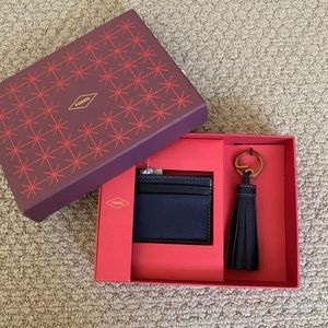 🆕 Fossil black leather wallet card case tassel keychain box set